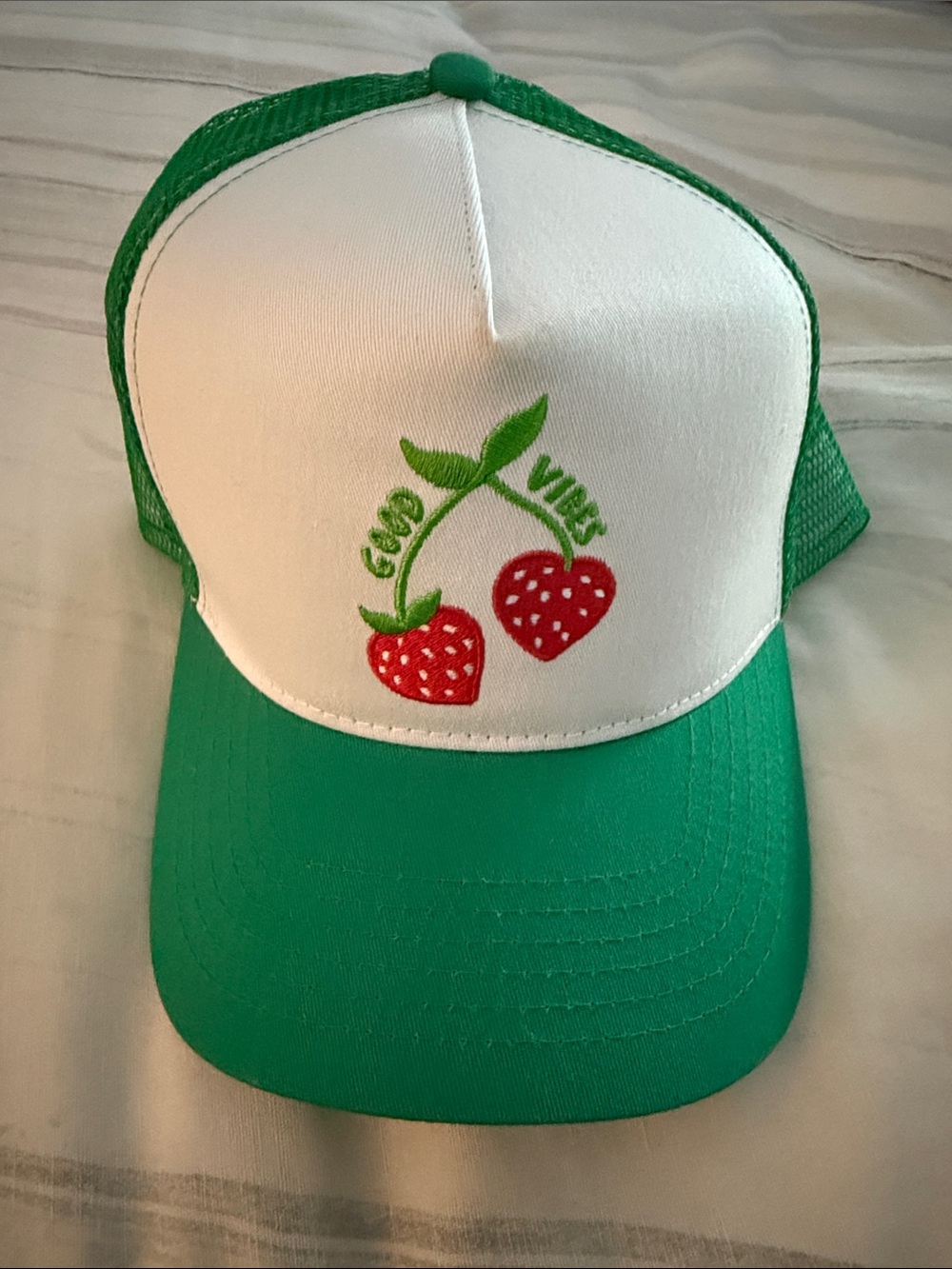 Green & White Trucker Hat with Strawberry Embroidery